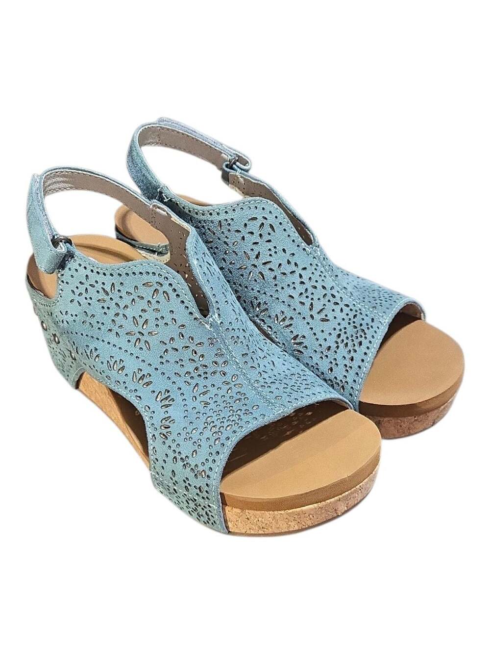Very G Free Fly Faux Suede Laser-Cut Cork Wedge Sandals in Blue Size 8